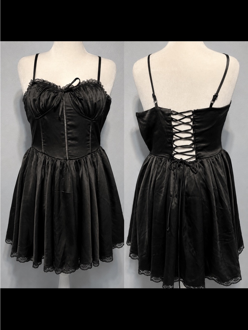 Thirty Thirty Black Satin Corset Babydoll Mini Dress Lace Trim Goth Party Large